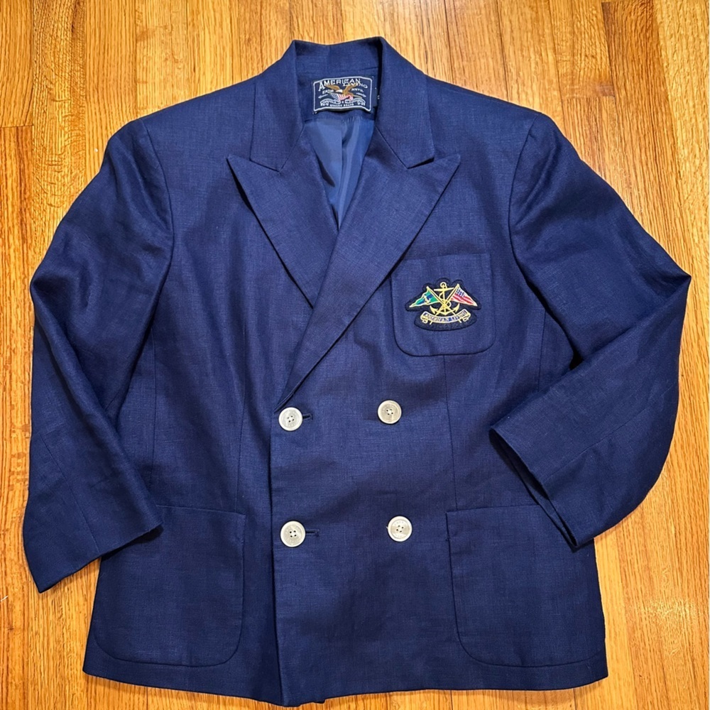 AMERICAN LIVING Navy Crest Blazer Size 12 Linen Double Breasted Womens Jacket